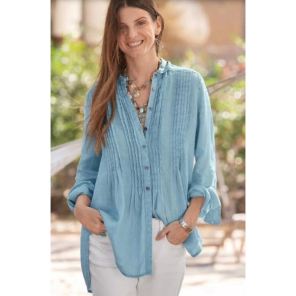 Sundance Katina Shirt 100% Linen Pintuck Tunic Shirt Blue Women's Size S